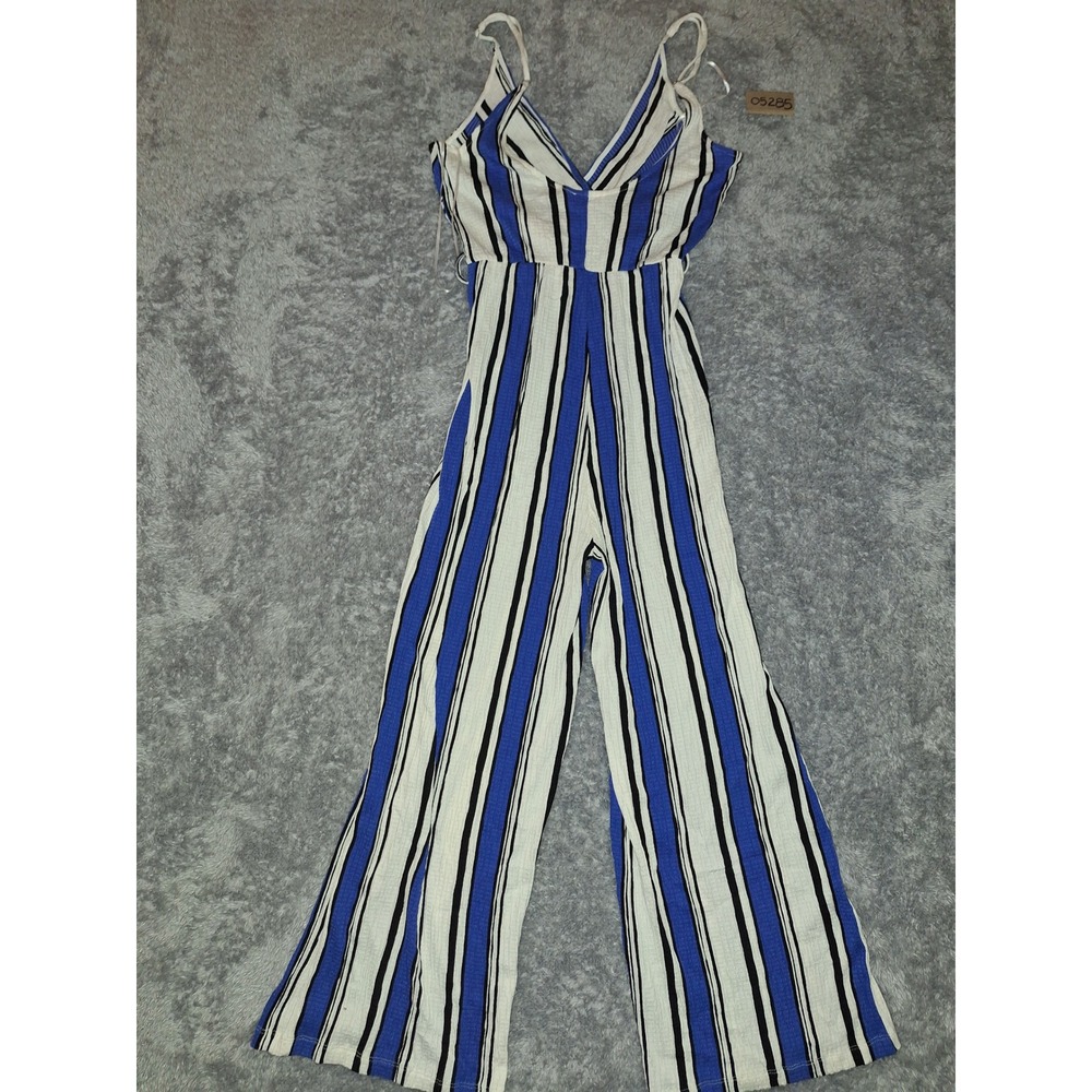 Love Tree Striped Jumpsuit Wide Leg Sleeveless Casual V Neck Blue White M, Party